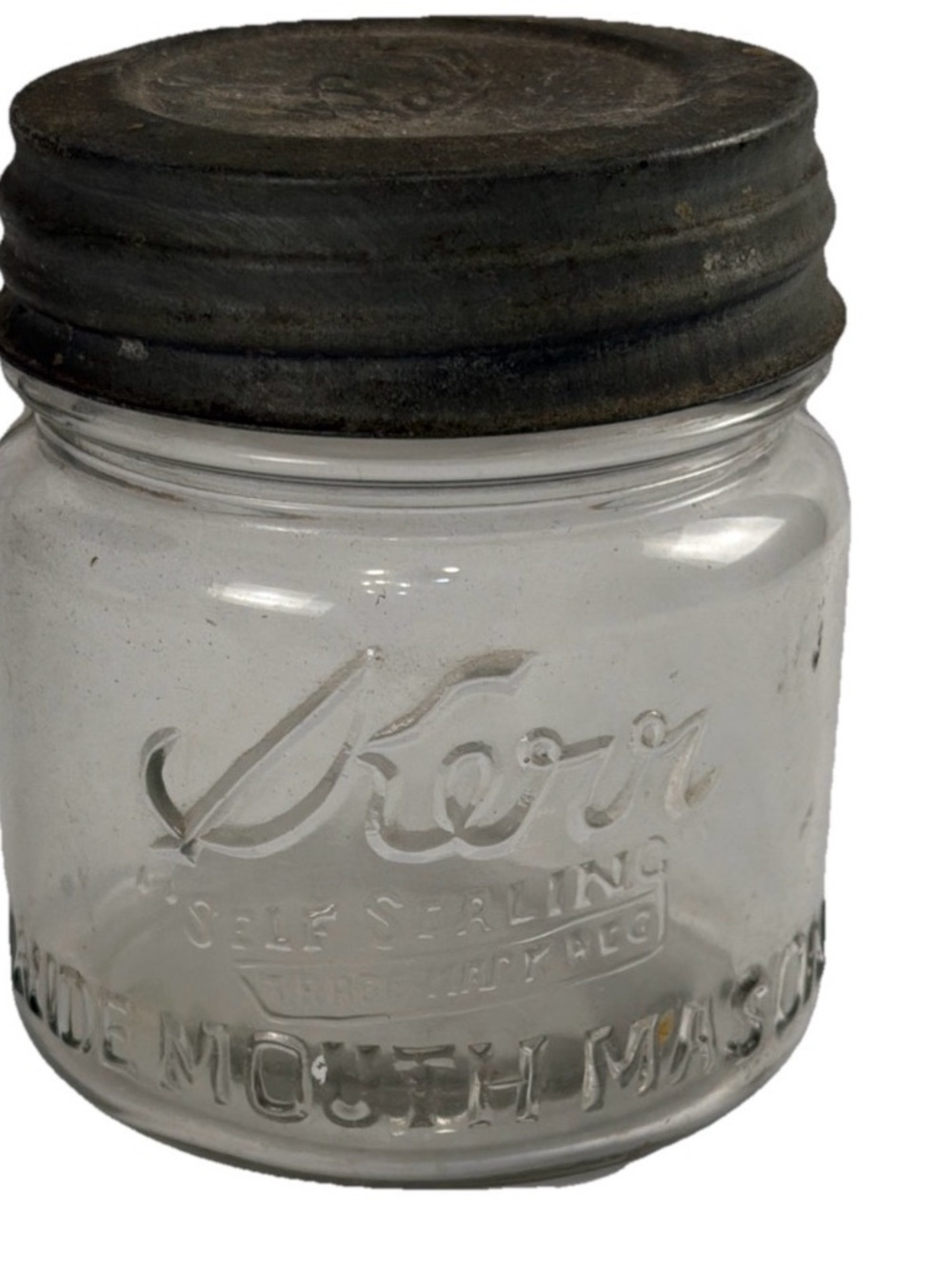 Vintage clear glass Kerr “Self Sealing” wide mouth Mason Jar with atlas lid